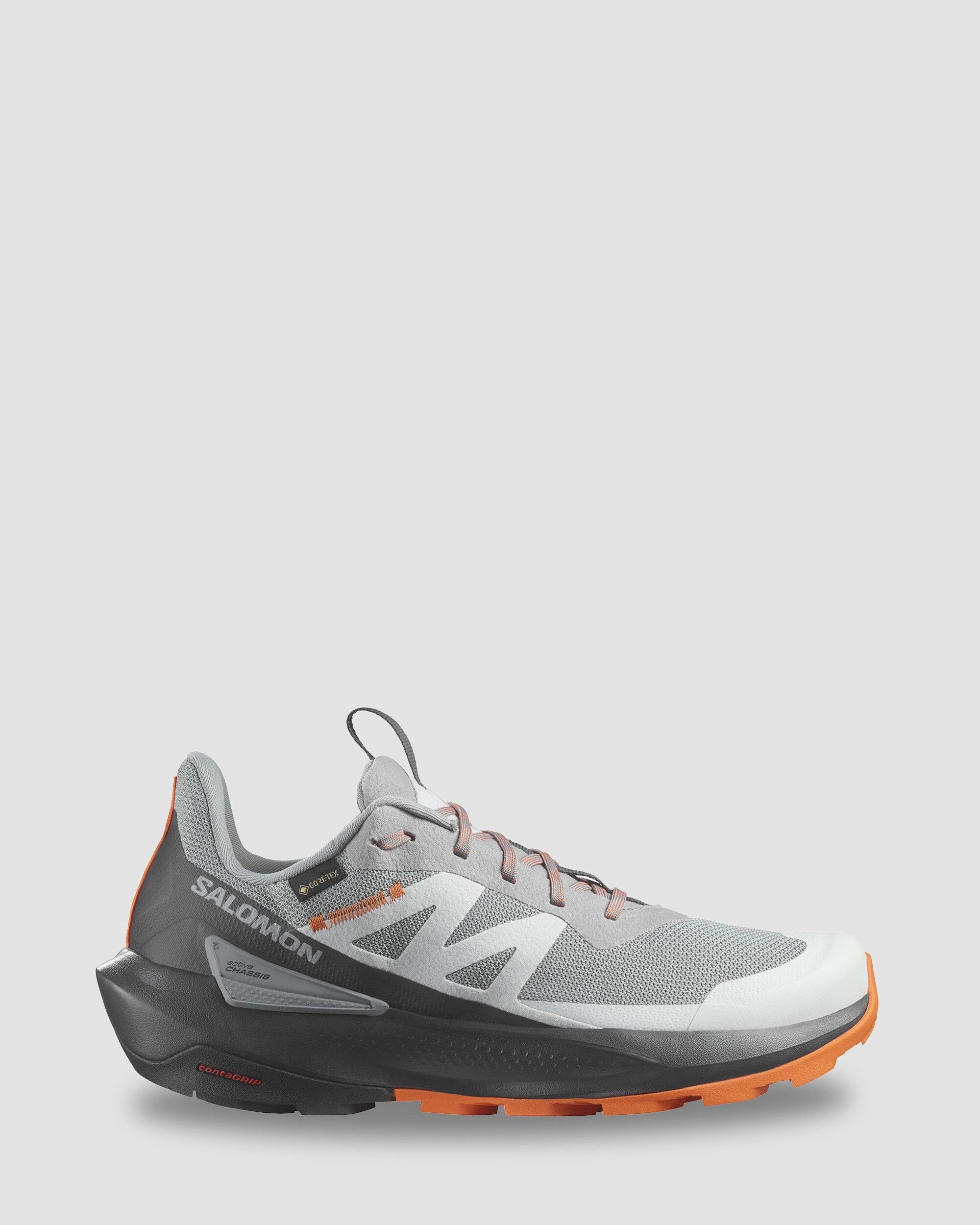 Rugged Look Rainforest Trek Men's Salomon Elixir Activ GTX Hiking Shoes - Sharkskin/Phantom/Dragon Fire