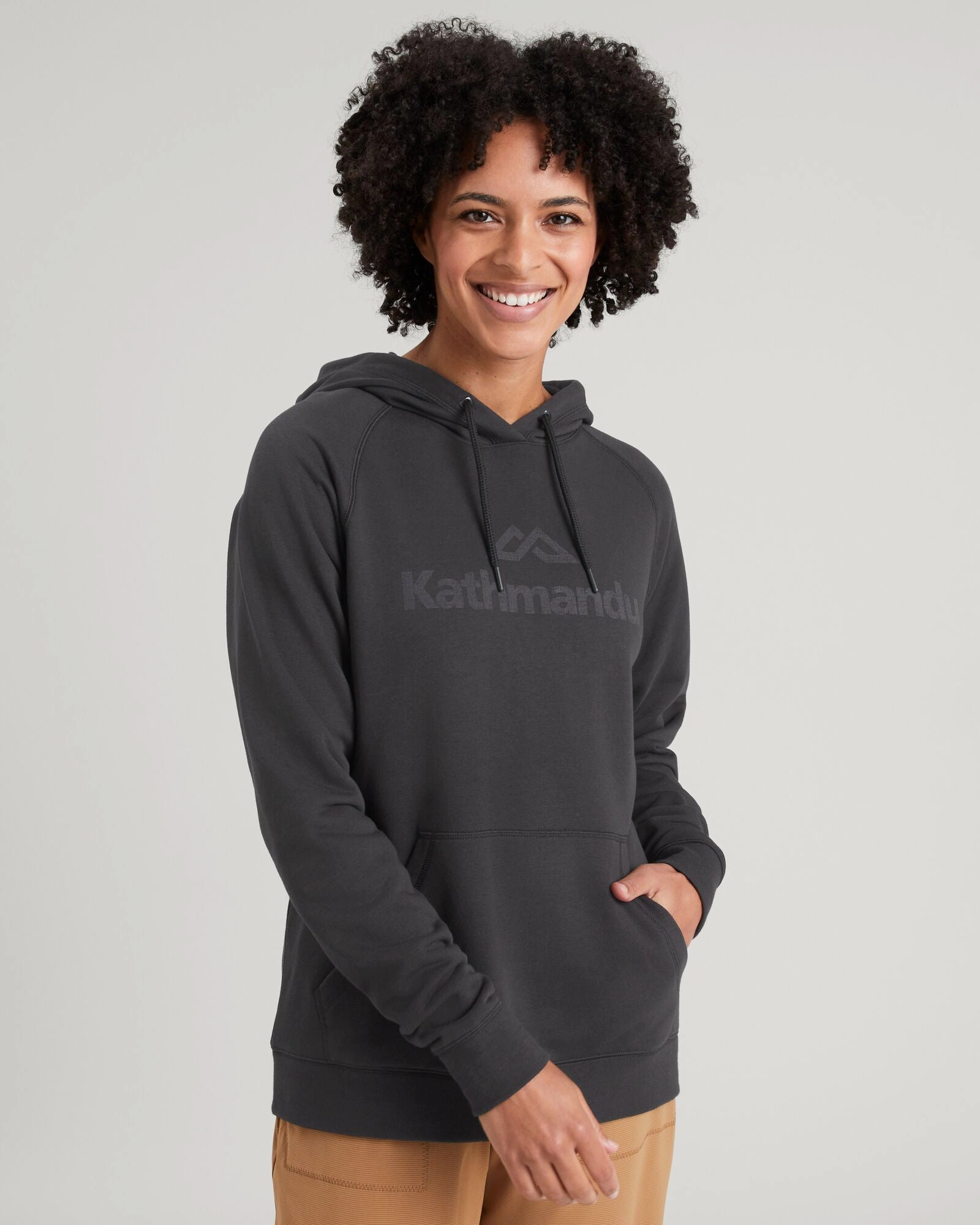 Flexible Neck Opening Chunky Yarn Kathmandu Logo Women's Fleece Hoodie - Black
