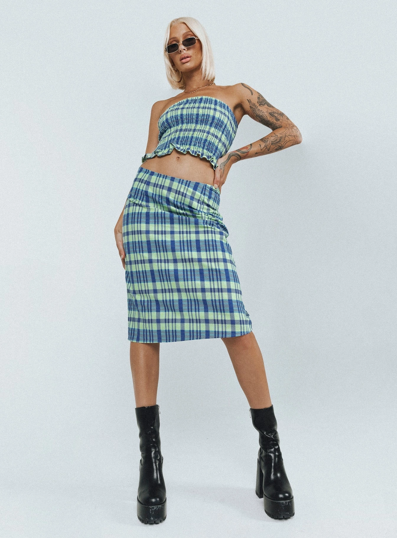 Motel Harriet Skirt Colourpop Check Blue Draped Design Winter Staple
