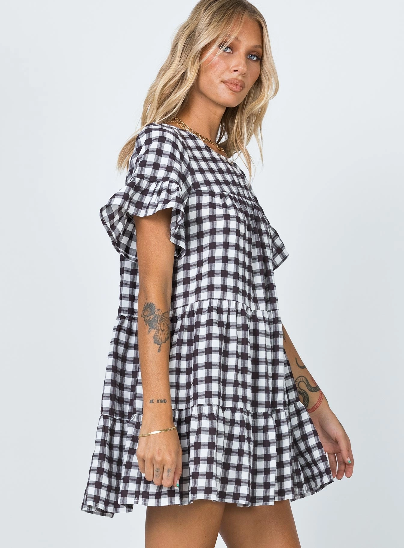 Miami Check Mini Dress Black Satin-Sleeve