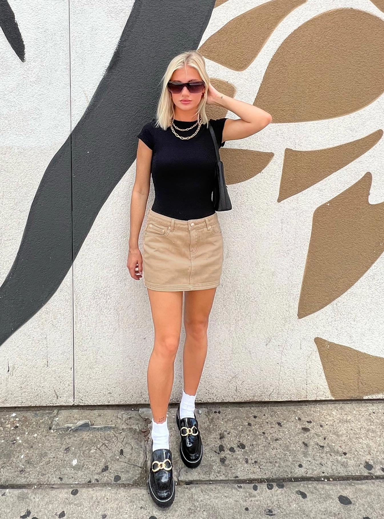 Mid Waist Mini Skirt Beige Convertible Length Smooth Feel