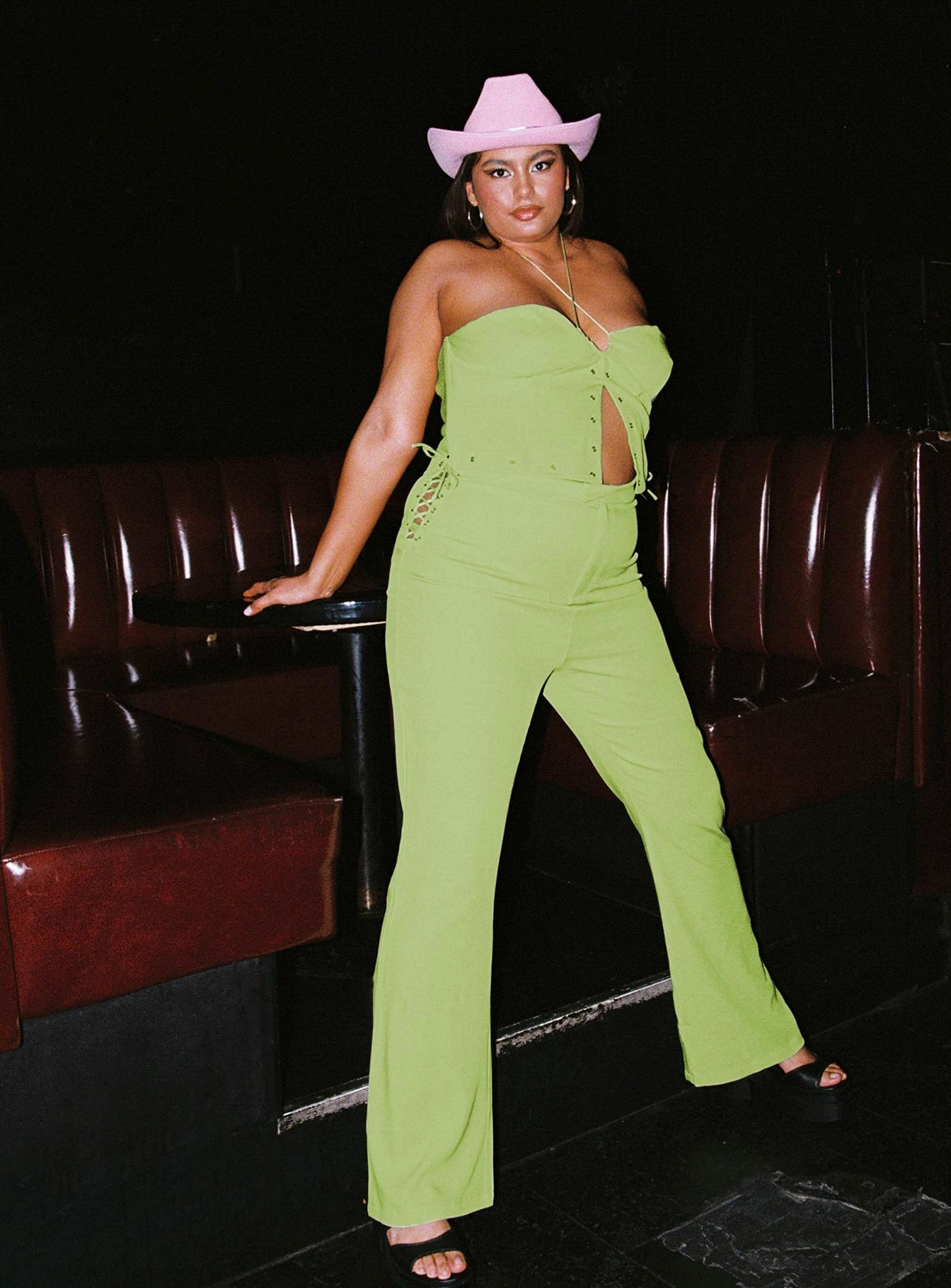 Mid Way Laced Flare Pants Green Curve Tight Fit Everyday Flex
