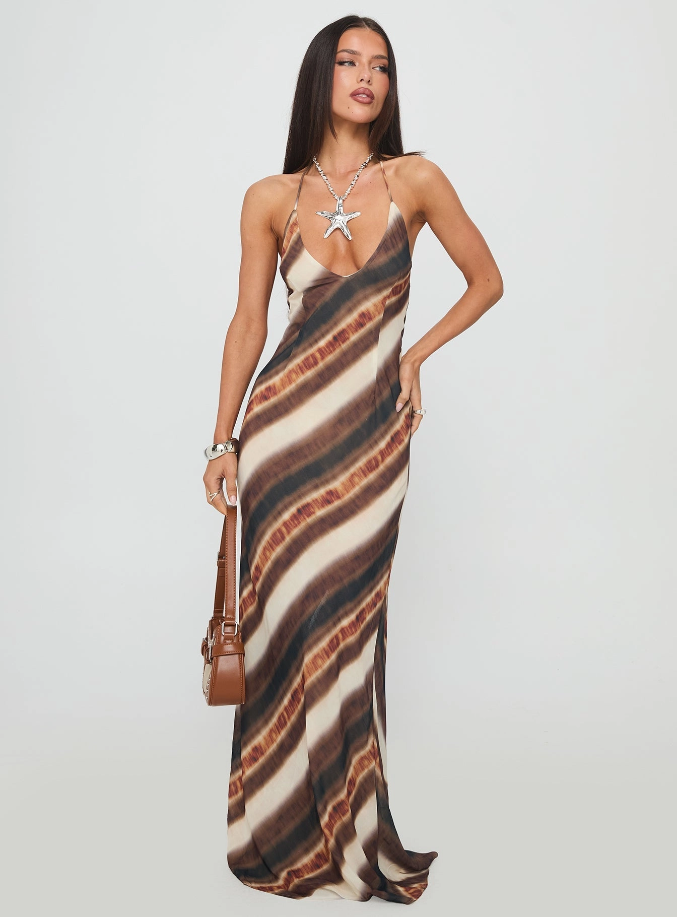 Drawstring-Closure Heart Glow Esmira Halter Maxi Dress Brown Stripe