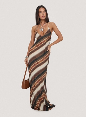 Halter neck Esmira Halter Maxi Dress Brown Stripe
