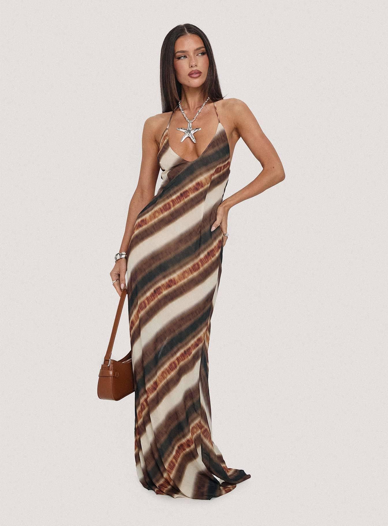 Halter neck Esmira Halter Maxi Dress Brown Stripe
