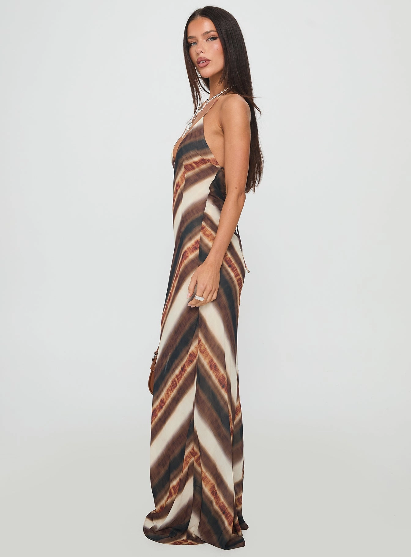 Esmira Halter Maxi Dress Brown Stripe Trendy Layer