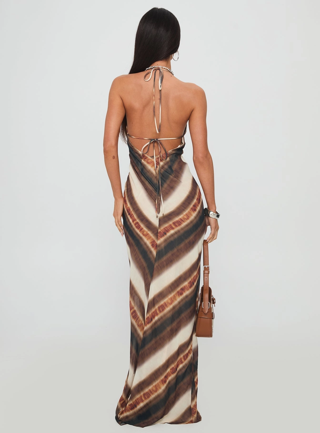Esmira Halter Maxi Dress Brown Stripe Winter Classic