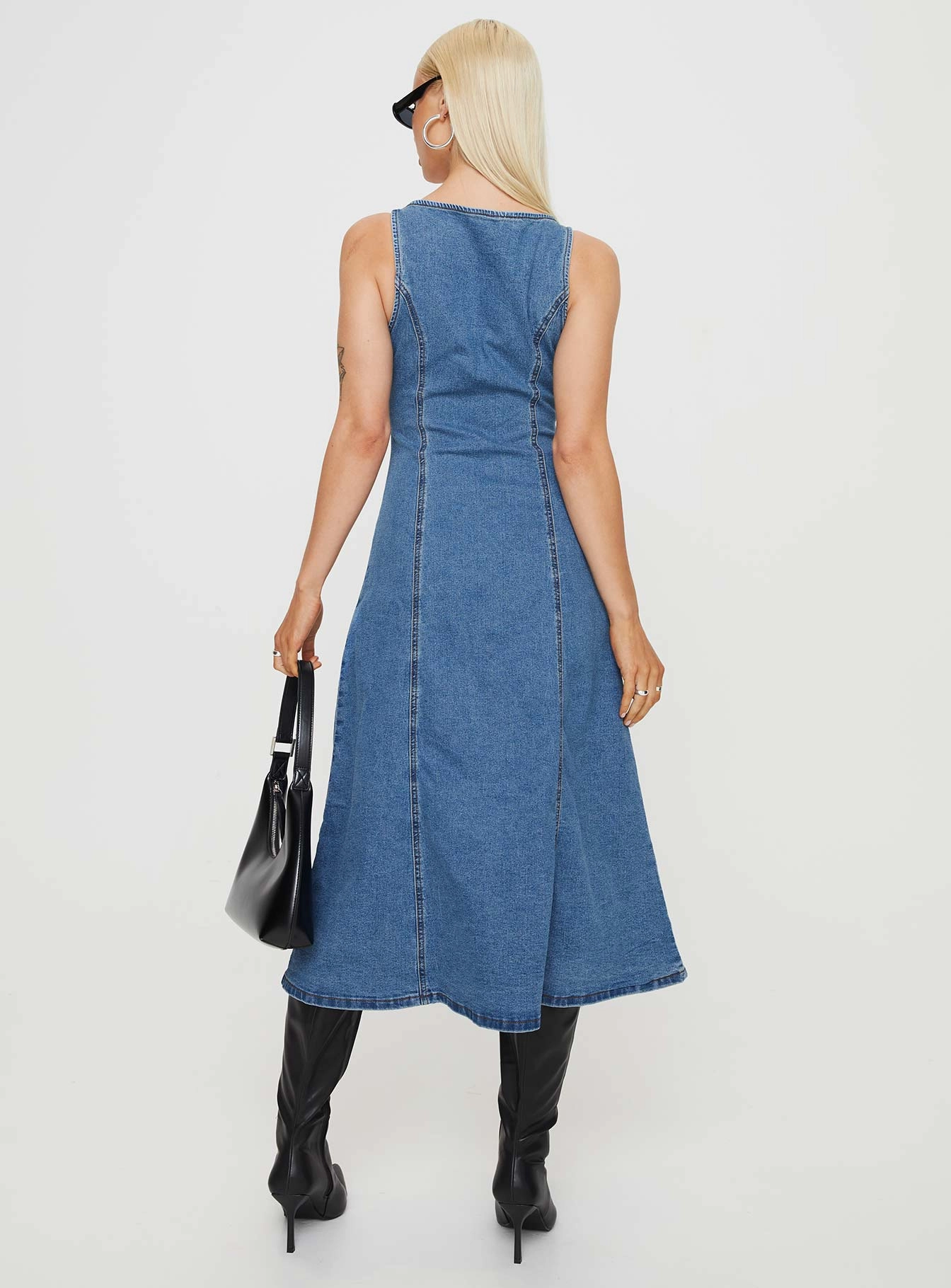 Modern-style Shape Hug Midler Denim Midi Dress Mid Blue