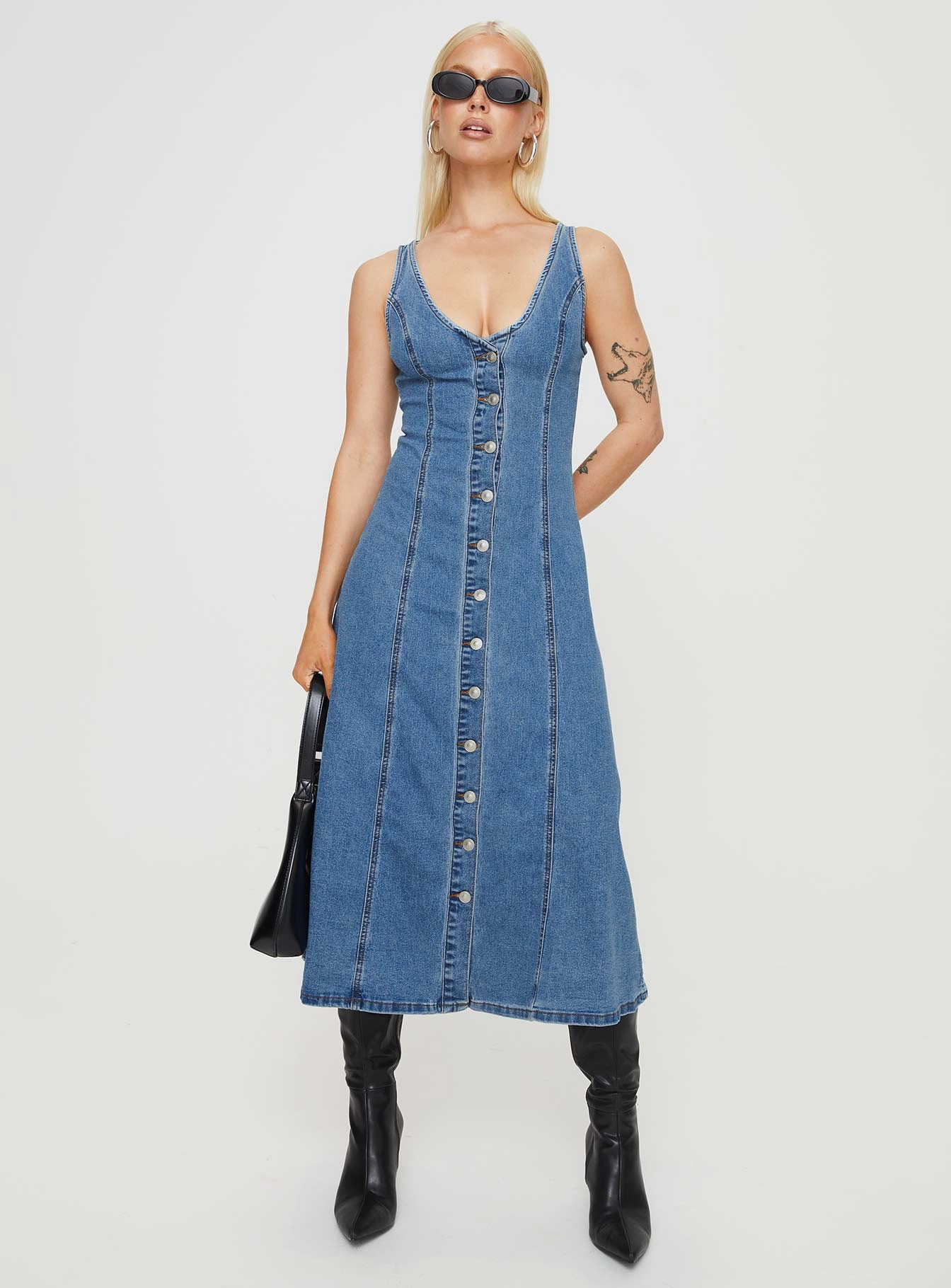 Fall Piece Layered Design Midler Denim Midi Dress Mid Blue