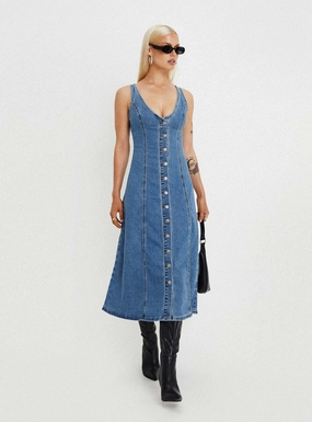 Fresh Color Easy Vibe Midler Denim Midi Dress Mid Blue
