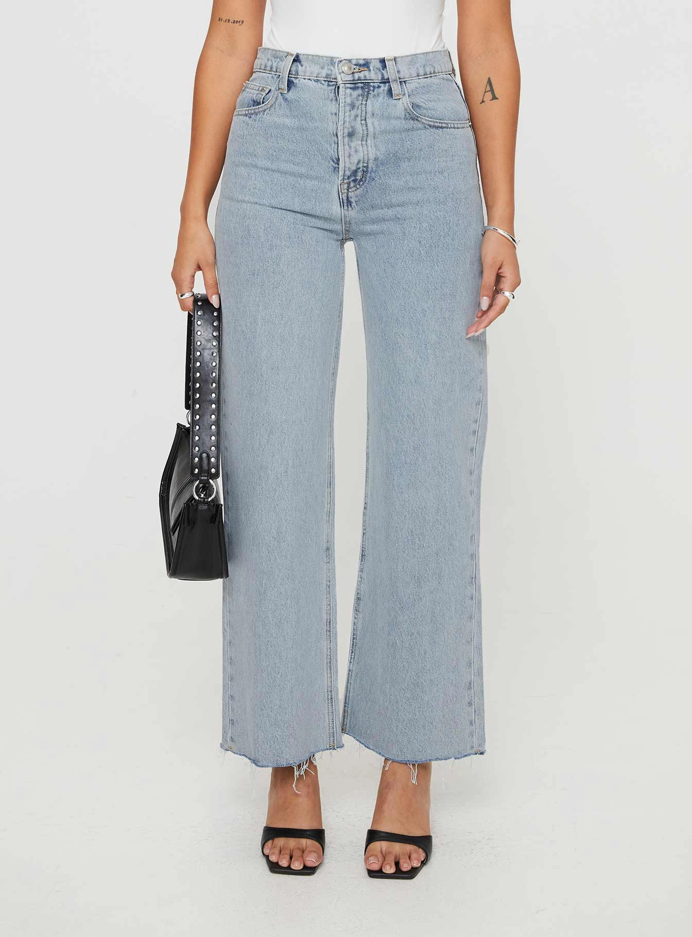 Fawcett High Rise Straight Leg Jeans Light Blue Wash Petite Neutral Vibrant Chill Outfit Urban Explorer Evening Stroll Casual Friday
