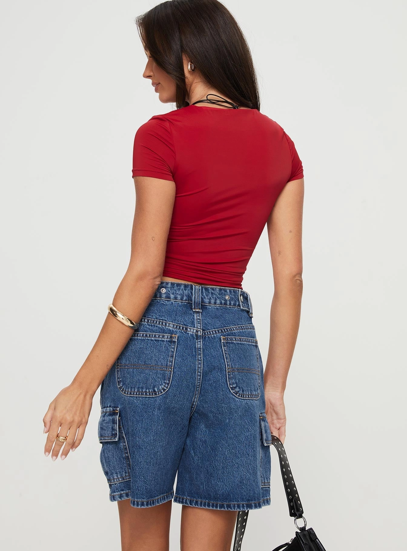 Bold Patterns Reflective Safety Details Mika Carpenter Denim Shorts Mid Wash Petite