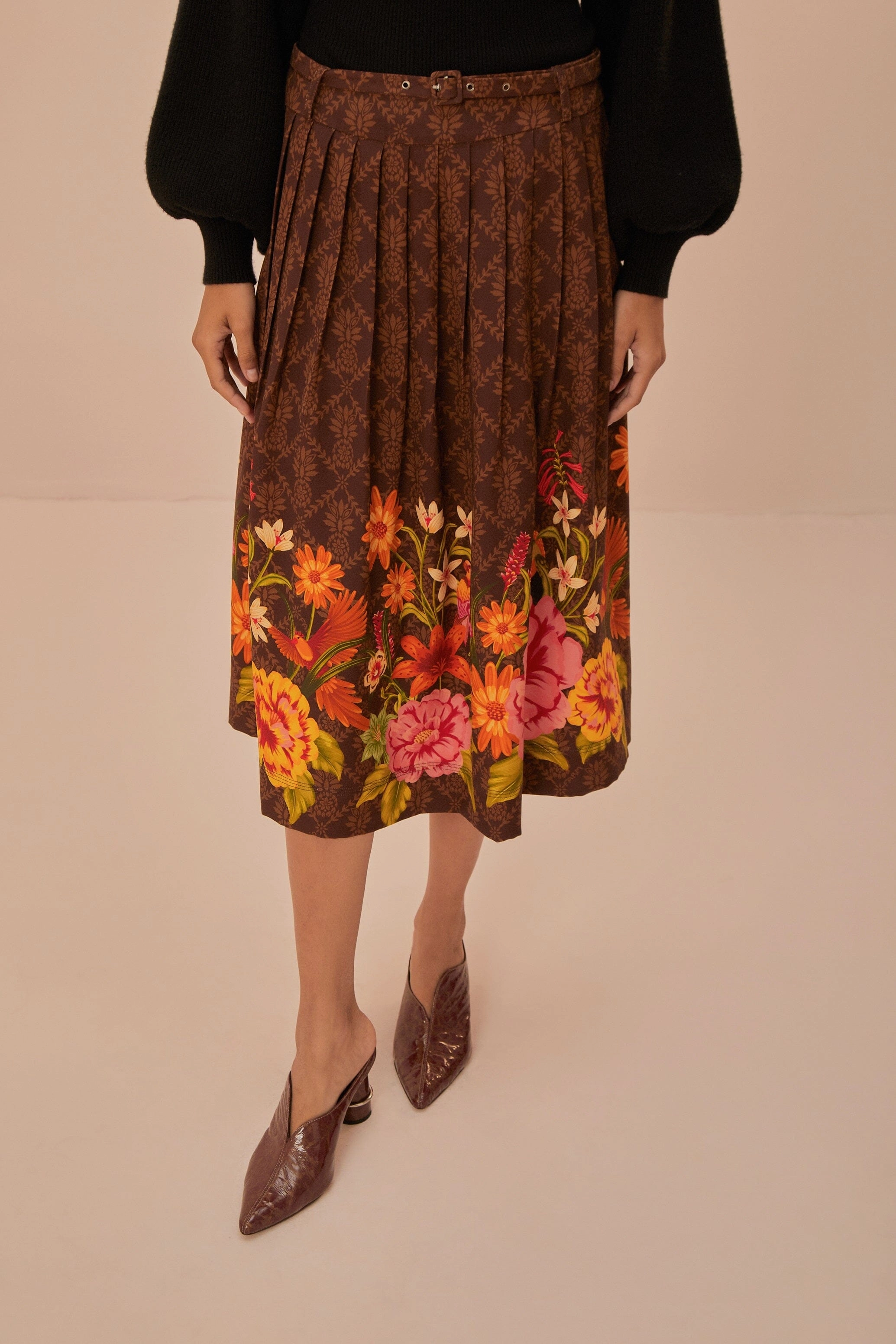Durable Stitching Stretch Waist Brown Charming Garden Midi Skirt