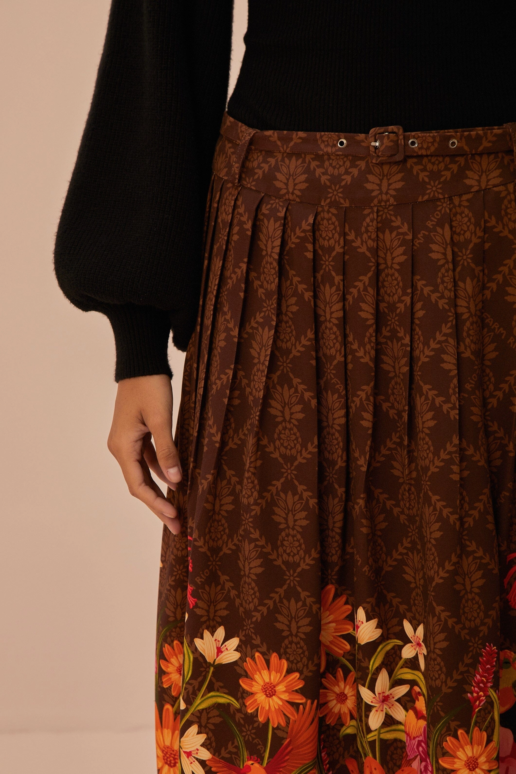Brown Charming Garden Midi Skirt Stretchable Waist Weekend Fashion