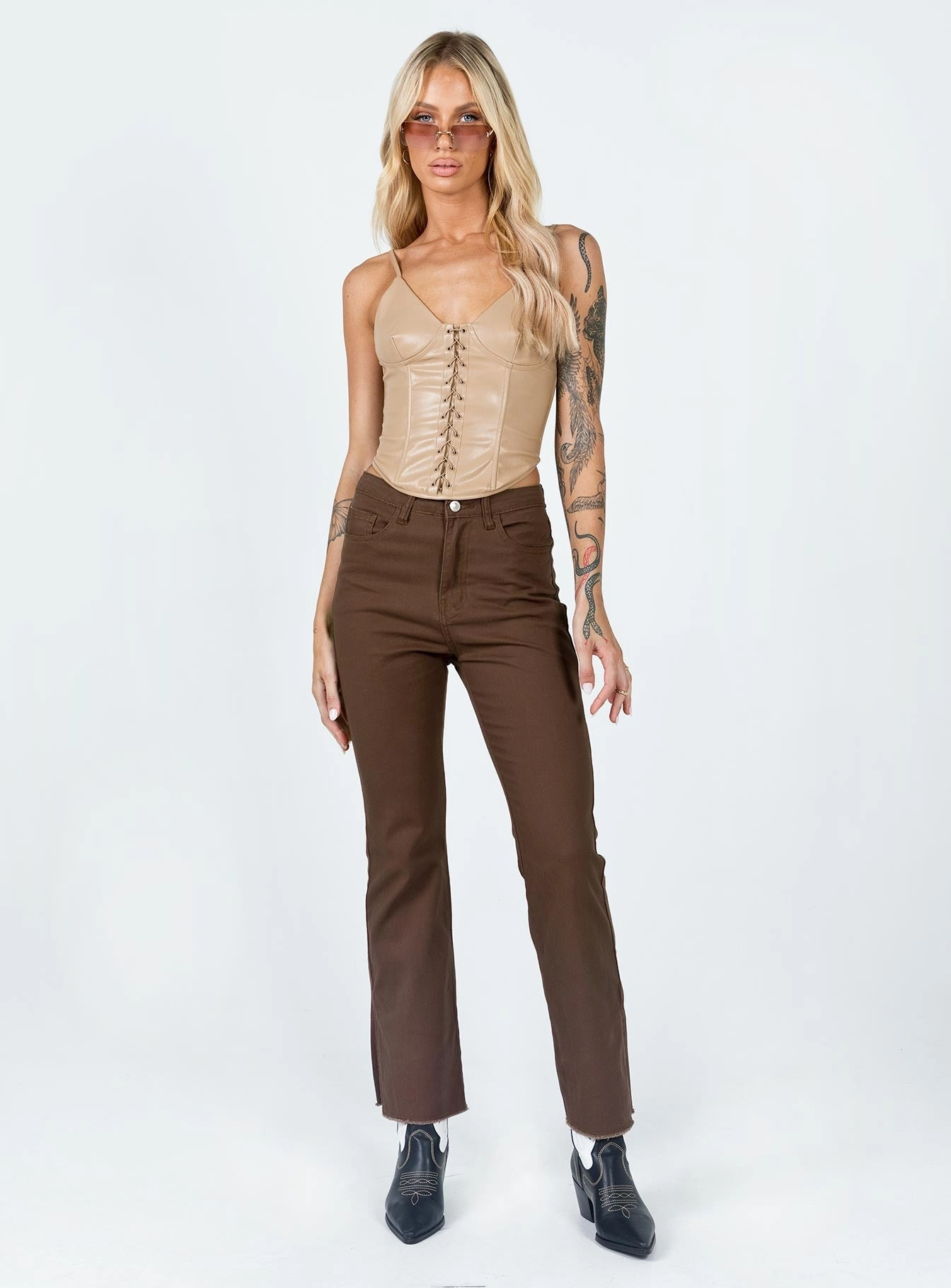 Aalia Wide Leg Denim Jeans Brown Comfortable fit