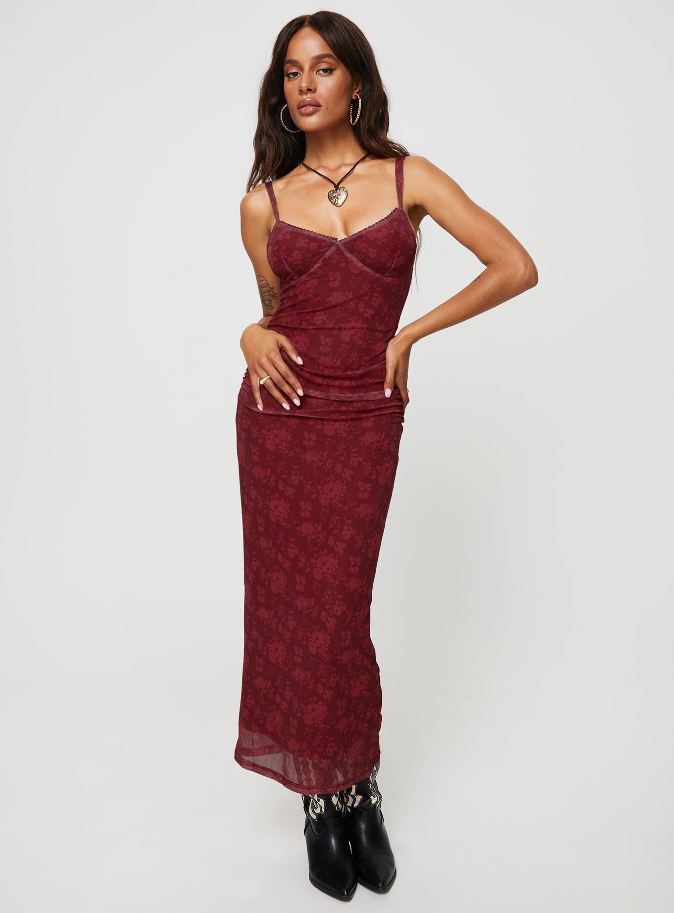 Cotter Maxi Dress Burgundy Floral Belt Waist