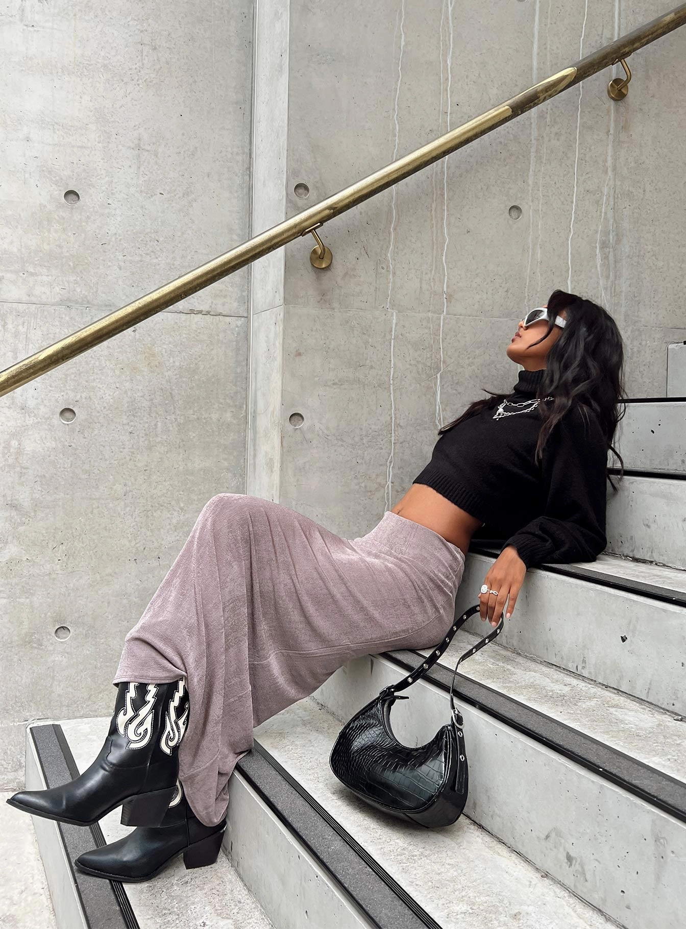 Harriette Maxi Skirt Slate Grey Outfit Focus High Street Chic