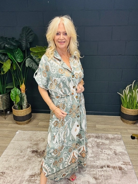 Feminine layered dress Texture Blend Printed Maxi Shirt Dress Khaki