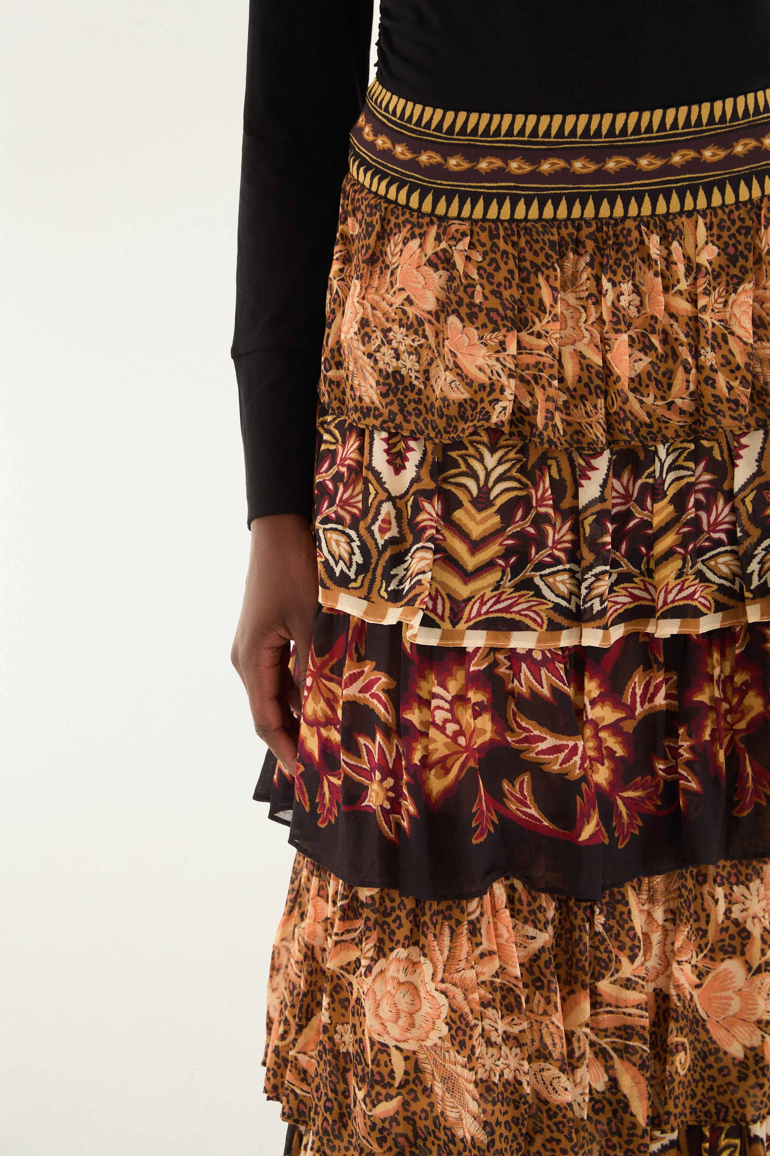 Mixed Scarves Ruffled Maxi Skirt Curvy Fit Invisible Seams
