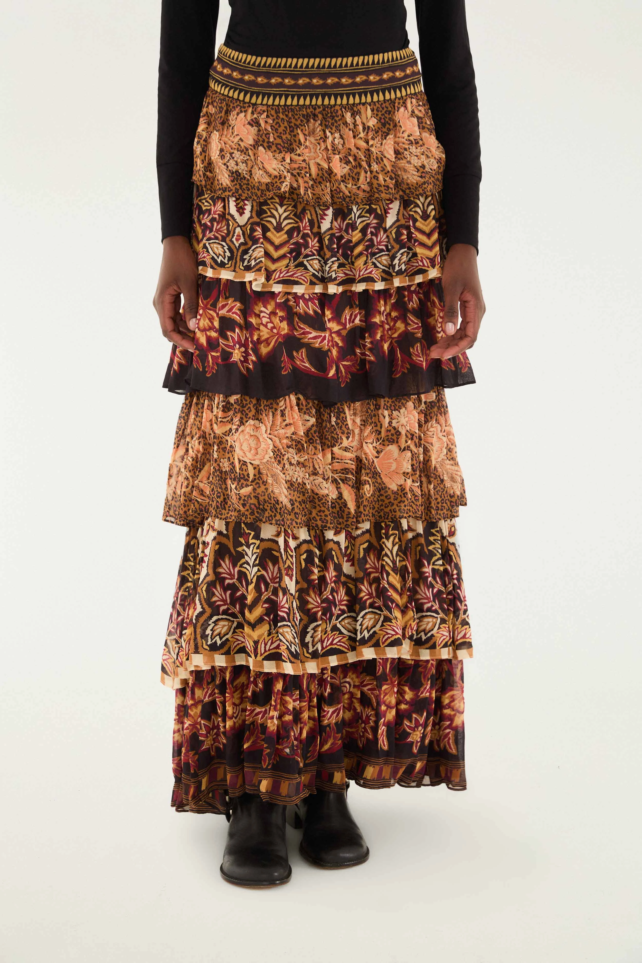 Functional Fashion Stretch Fabric Mixed Scarves Ruffled Maxi Skirt