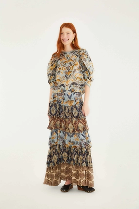 Adjustable Closure Mixed Scarves Ruffled Maxi Skirt