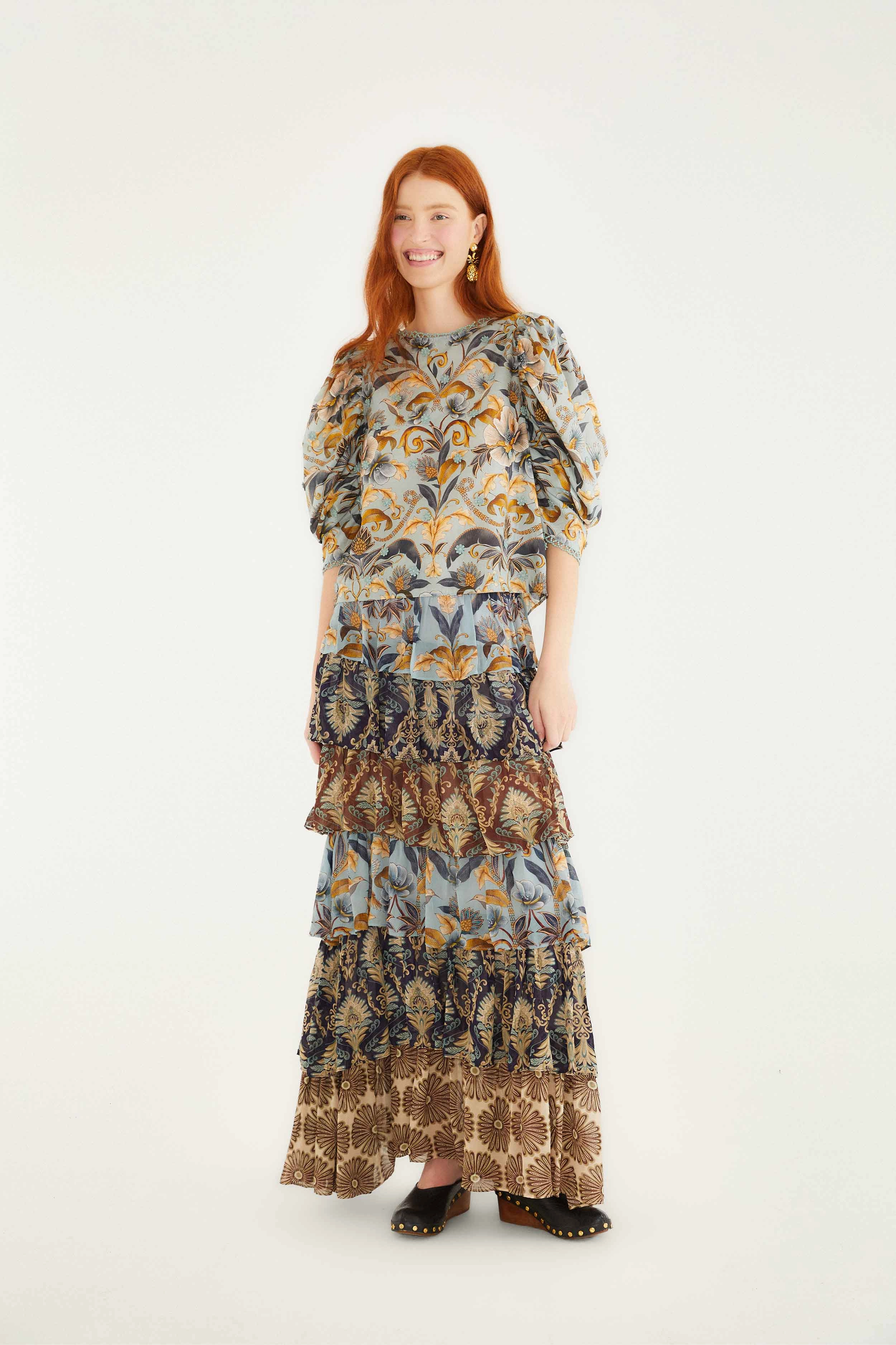 Adjustable Closure Mixed Scarves Ruffled Maxi Skirt
