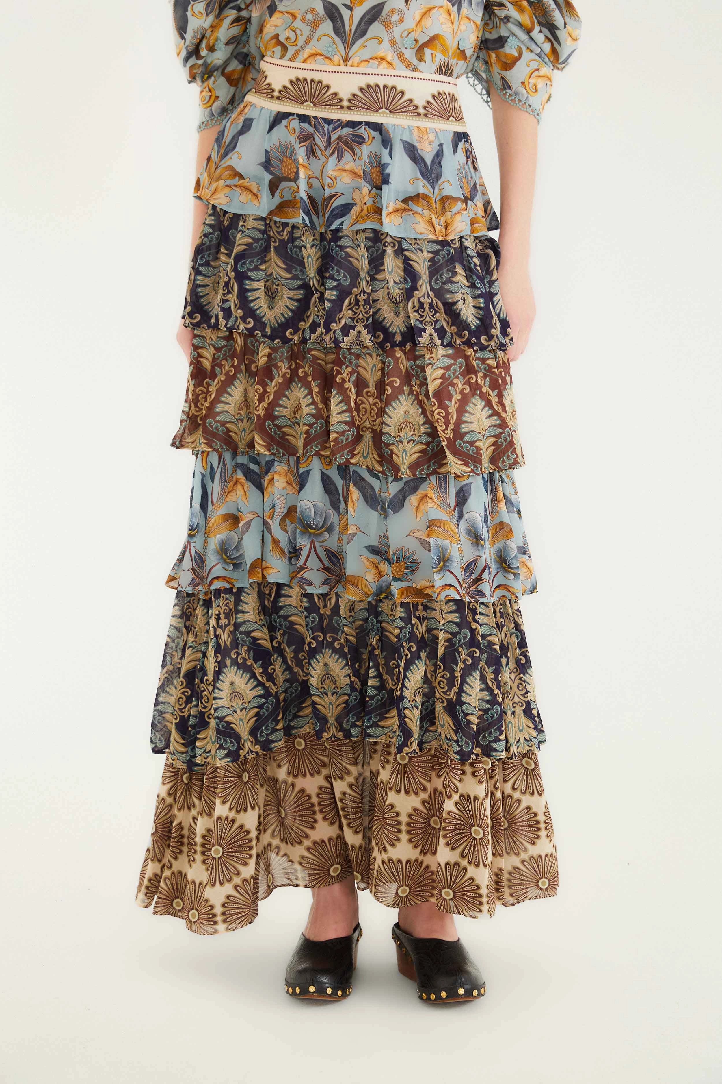 Mixed Scarves Ruffled Maxi Skirt Easy Motion Flat Lay Collar