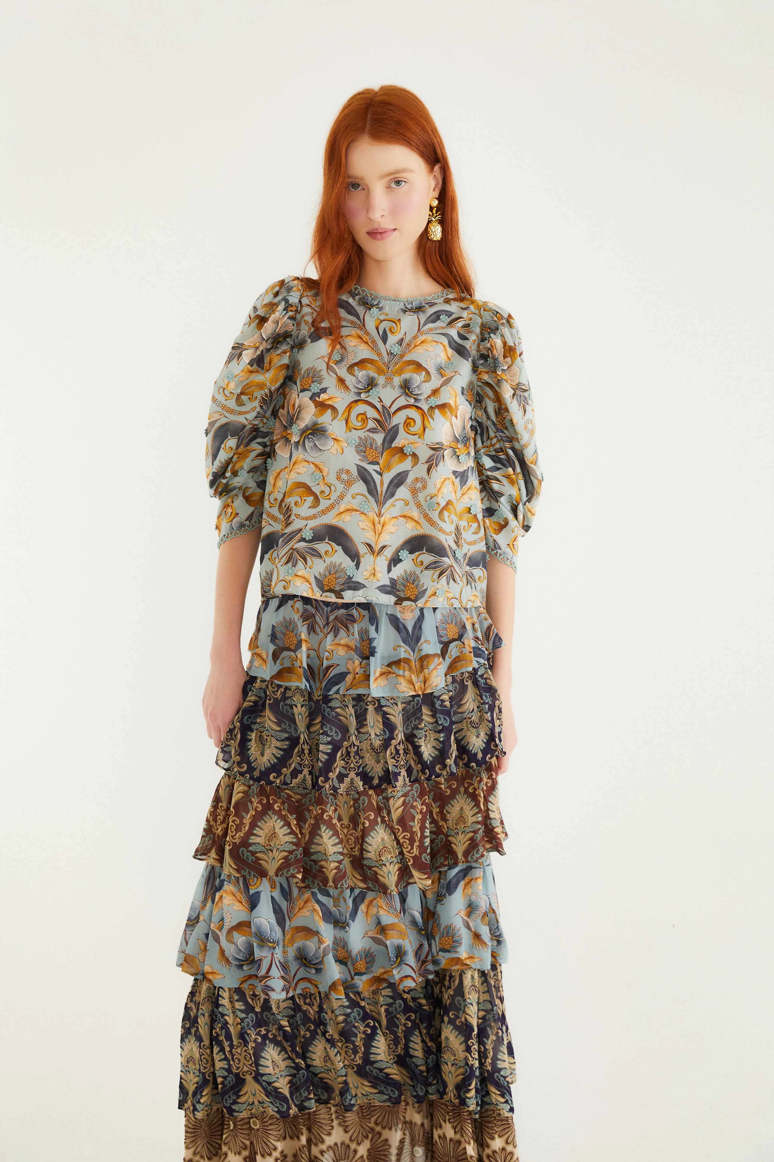 All Day Comfort Earth Tones Mixed Scarves Ruffled Maxi Skirt