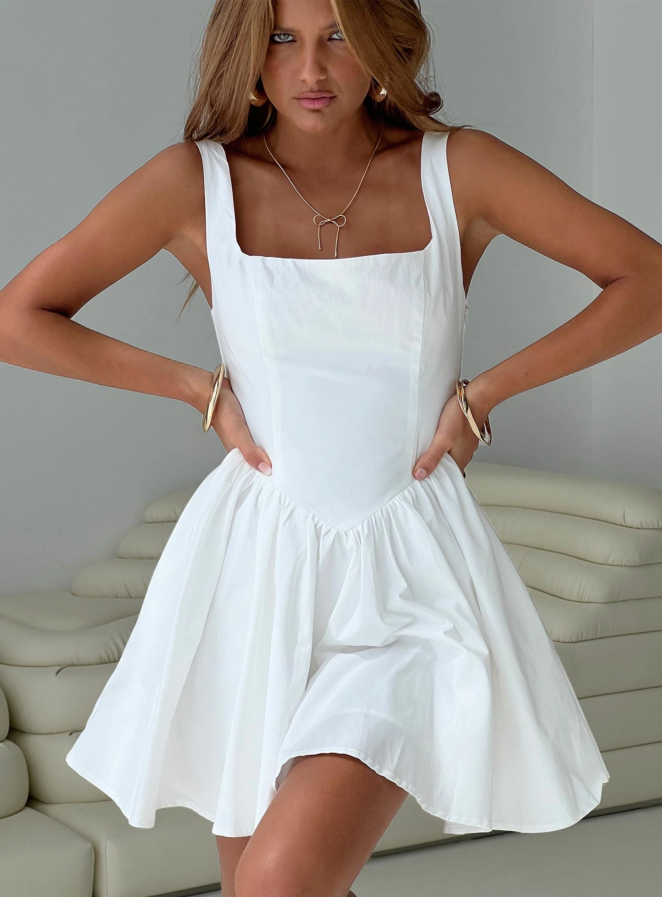 Mixed Fabric Straplie Mini Dress White