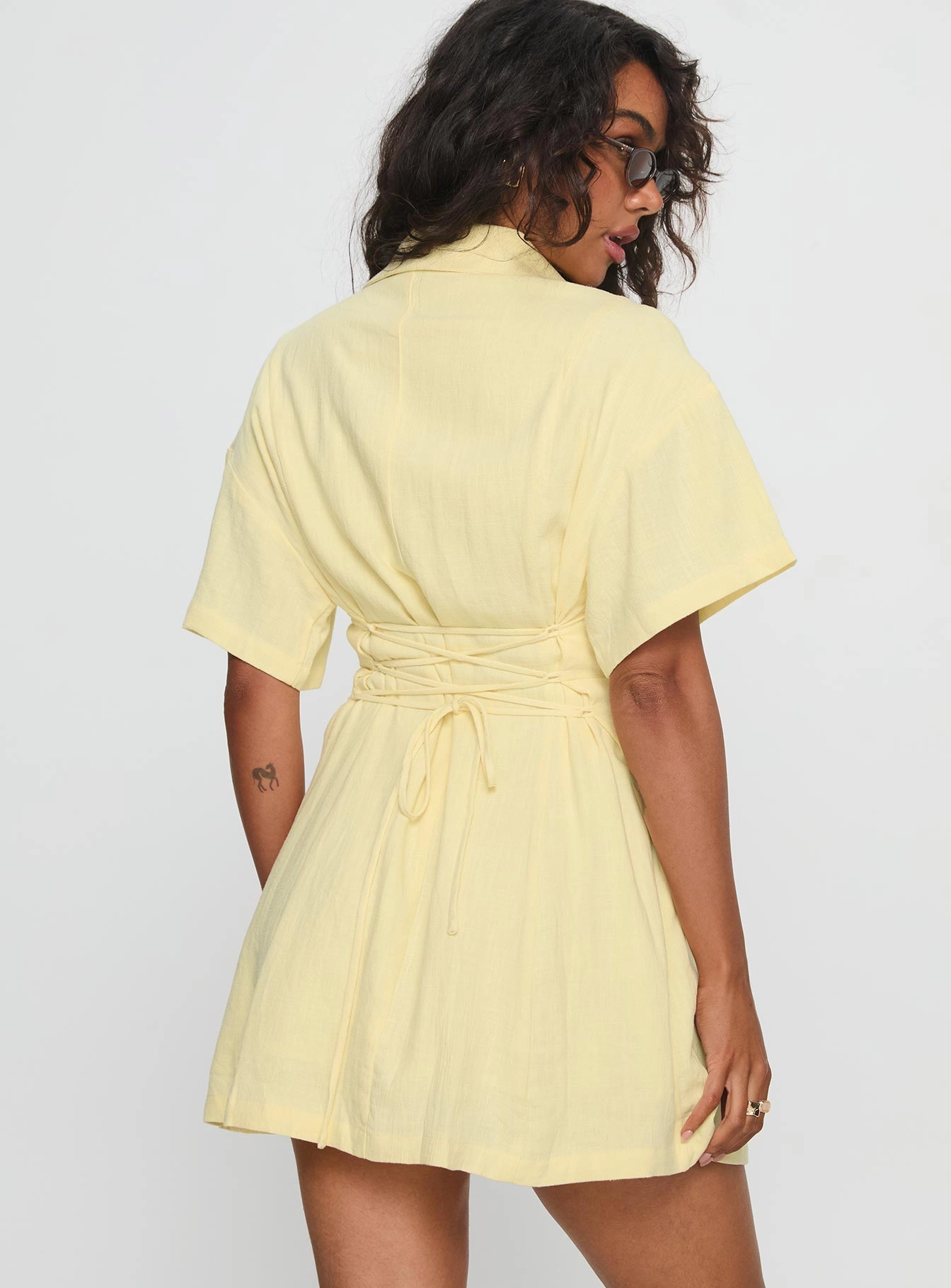 Season Ready Office Layer Wylla V Neck Linen Mini Dress Yellow