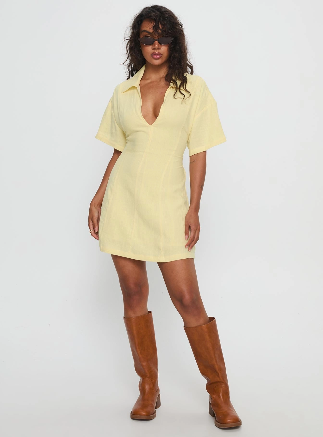 Light Weight Odor-Control Wylla V Neck Linen Mini Dress Yellow