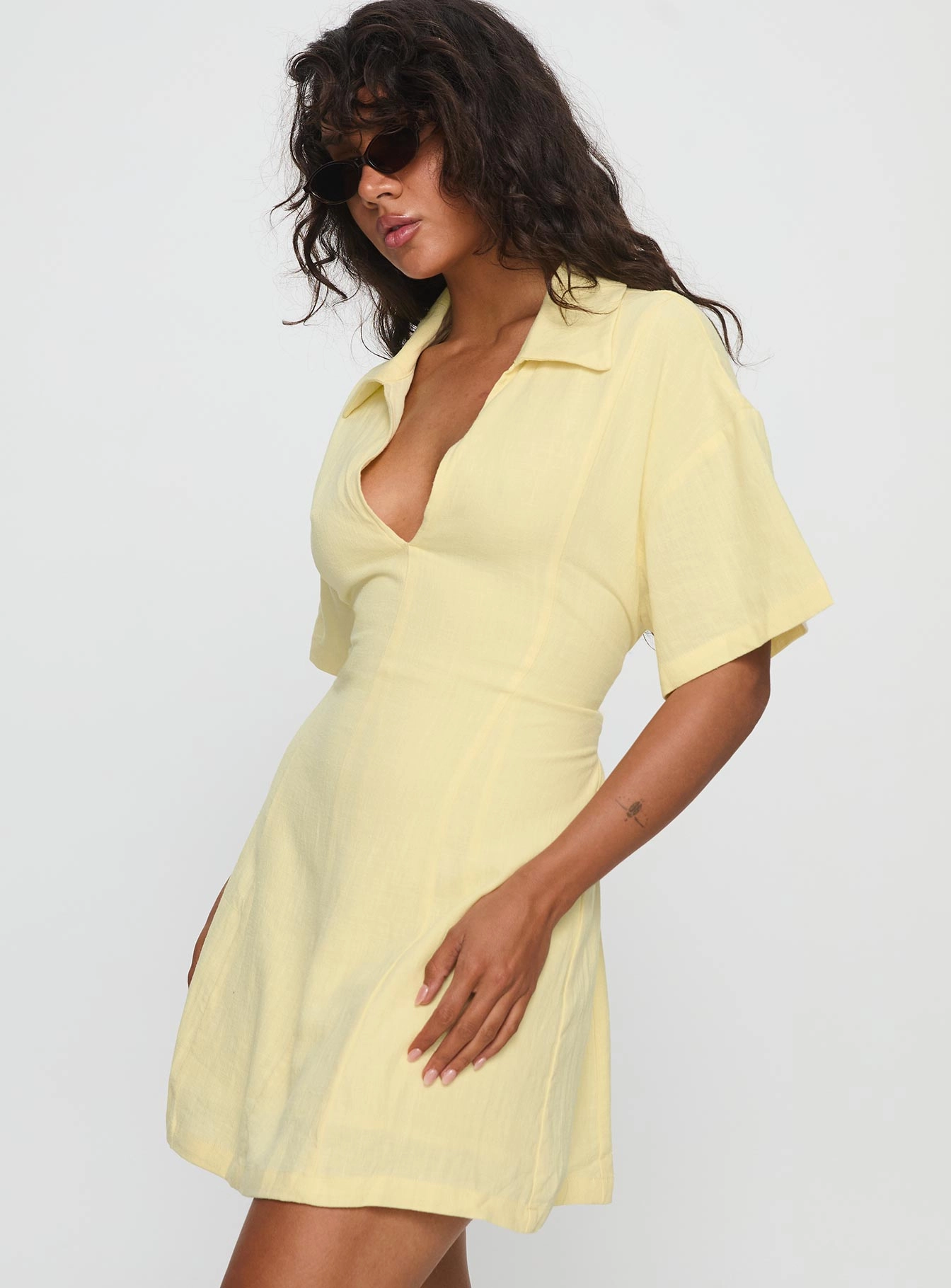 Wylla V Neck Linen Mini Dress Yellow Fashionable Layers Refined fit
