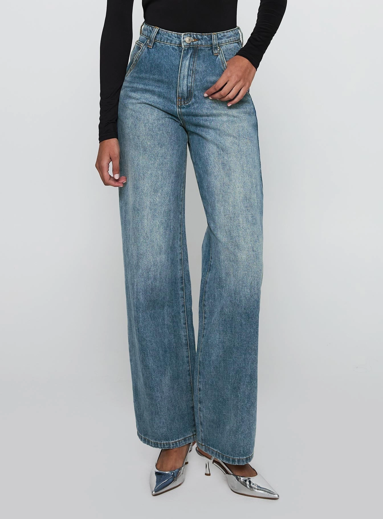 Sacramento High Rise Straight Leg Jeans Mid Blue Denim Morning Stroll Music Event Office Wear