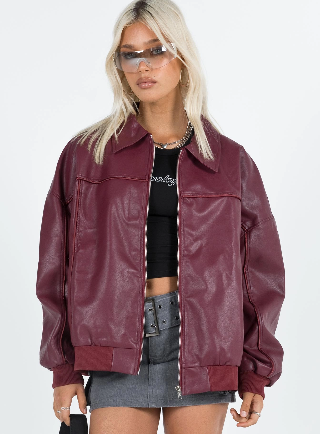 Windproof Construction Waist Belt Goldsmith Faux Leather Bomber Jacket Burgundy
