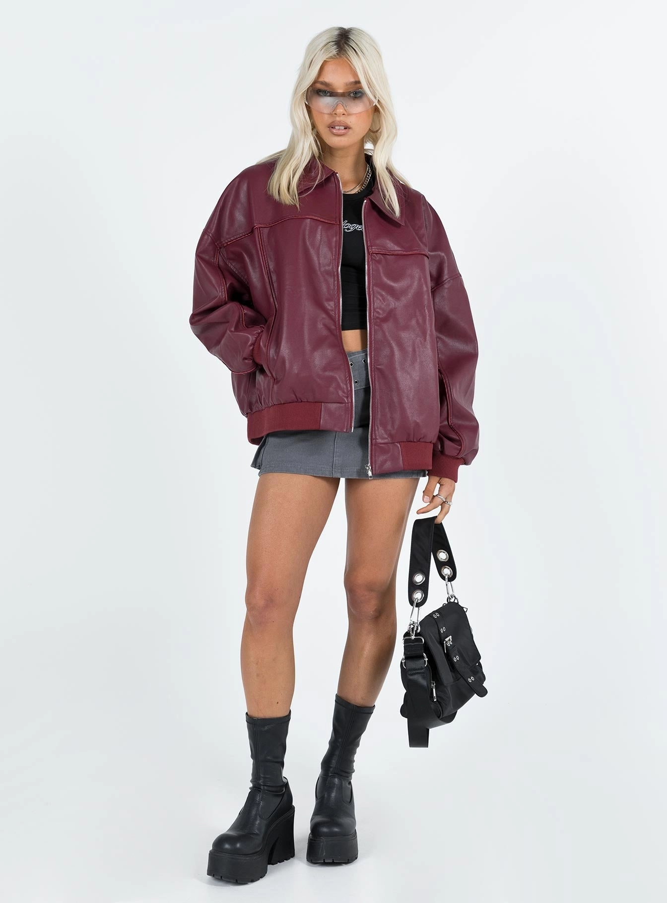 Light Look Magnetic Closure System Goldsmith Faux Leather Bomber Jacket Burgundy