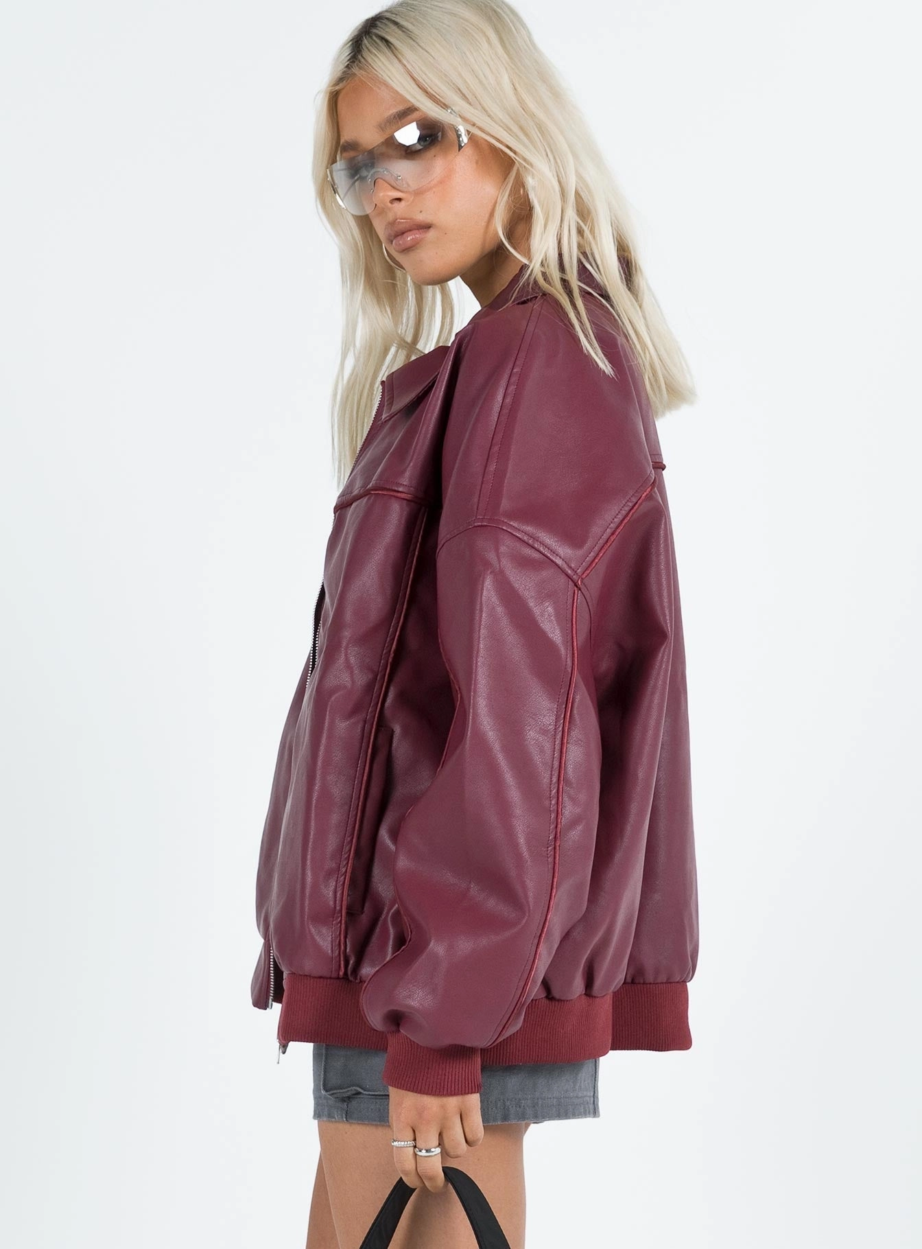 Goldsmith Faux Leather Bomber Jacket Burgundy Weekend Outing Wear Everyday Look