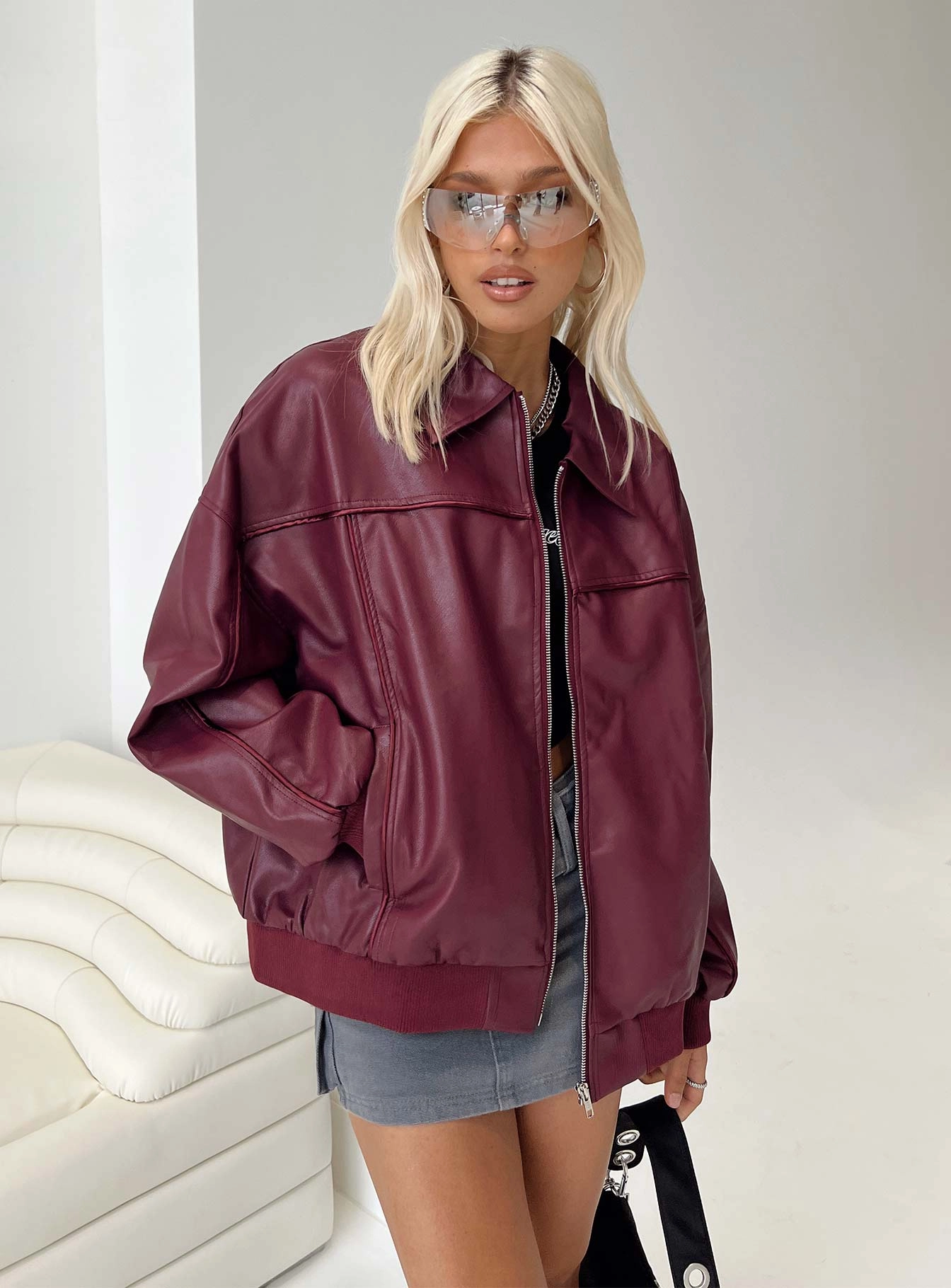 Airflow Optimization Goldsmith Faux Leather Bomber Jacket Burgundy