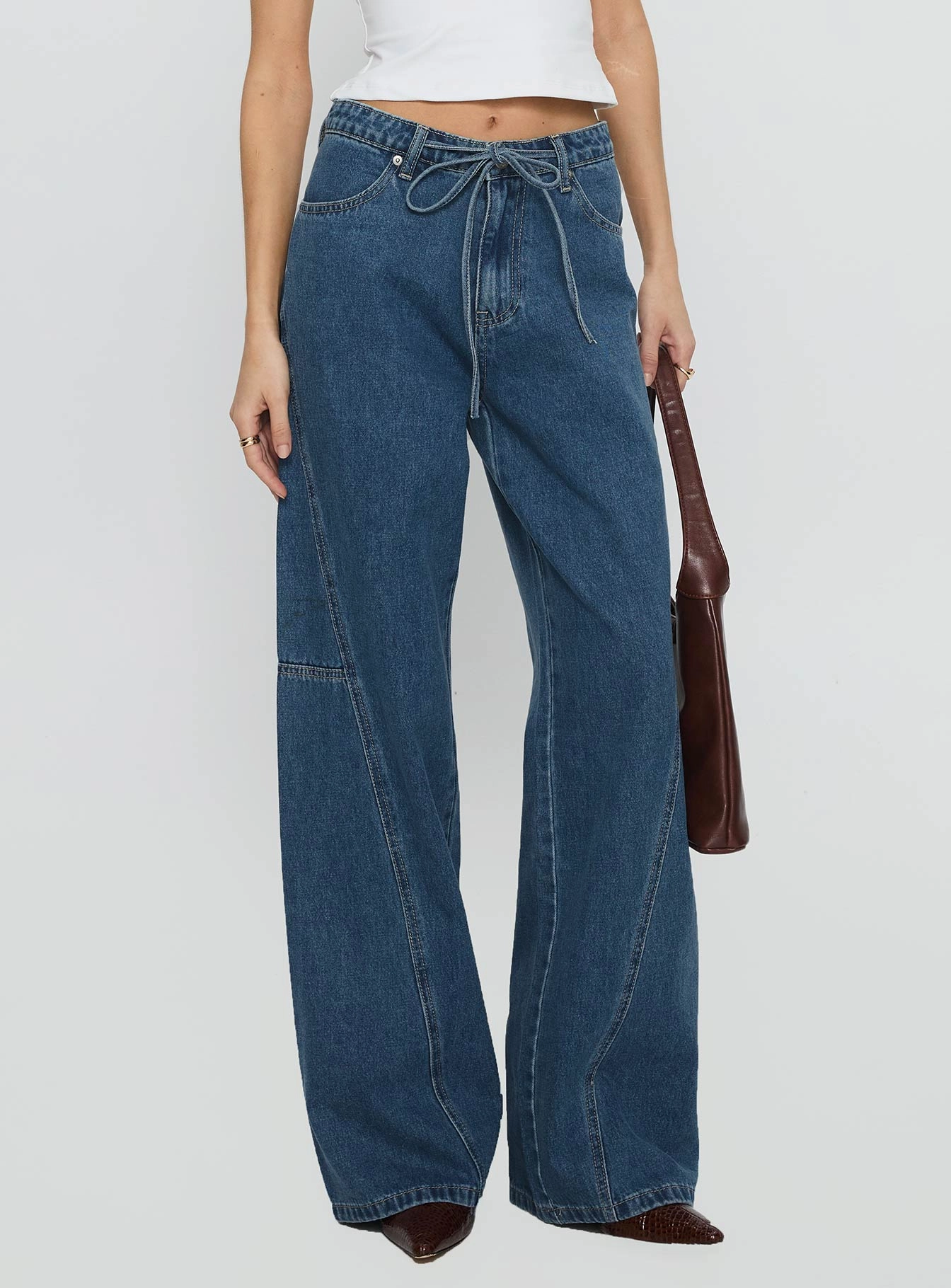 Bruiser Mid Rise Wide Leg Jeans Mid Blue Wash Adjustable Belt Loops Beach Day Winter Warmth Classic