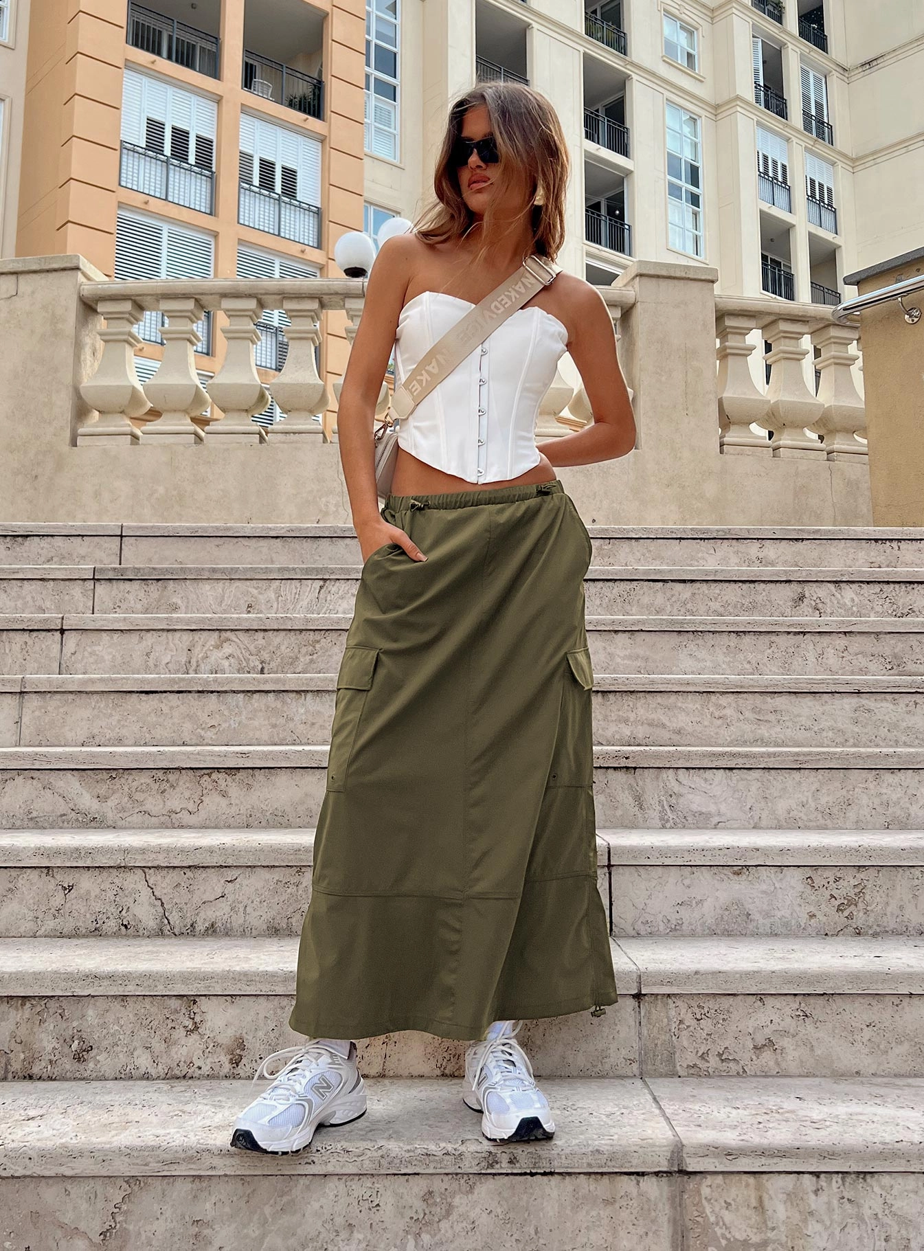 Ferguson Parachute Maxi Skirt Khaki Flared hem Design innovation
