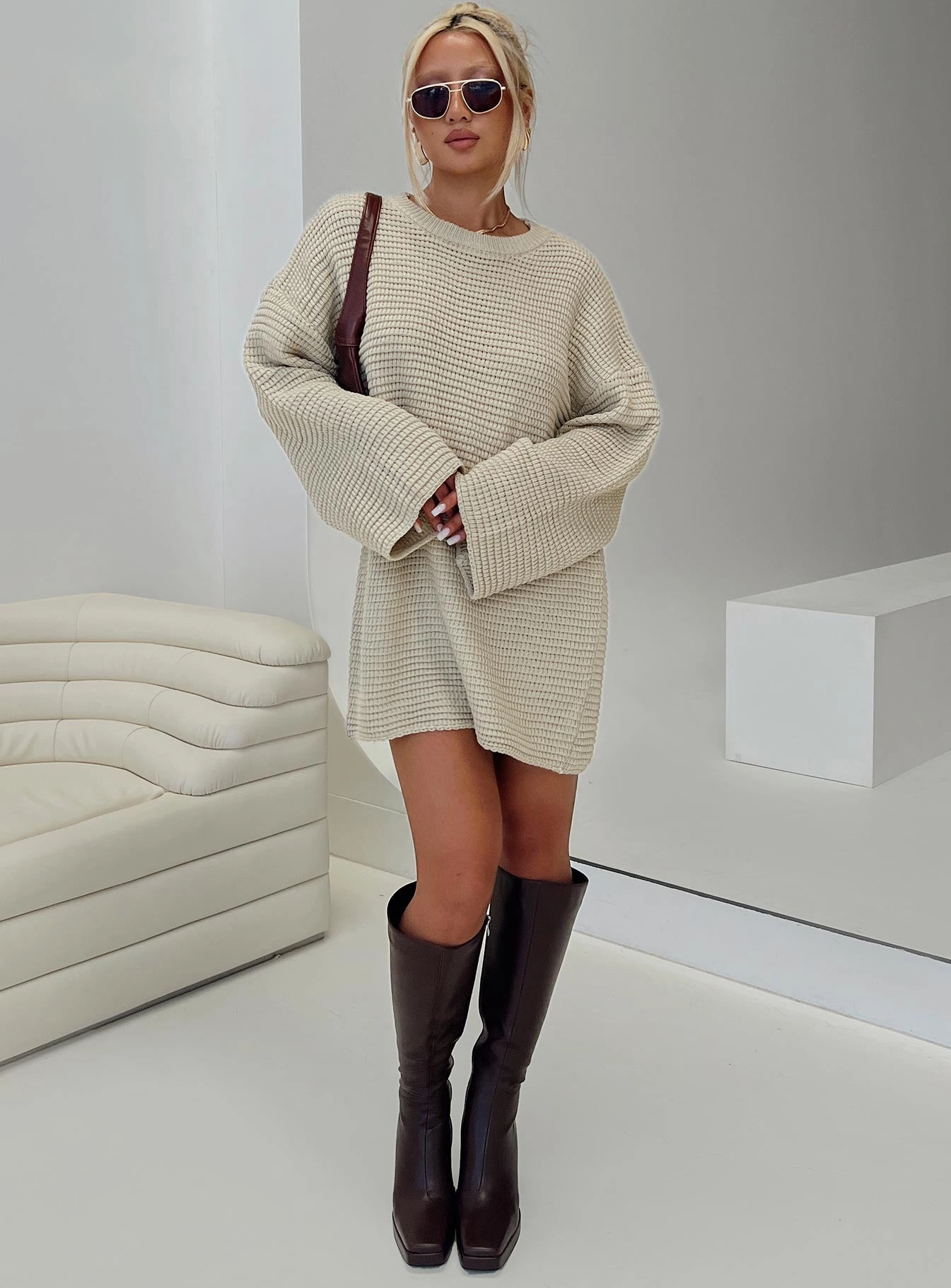 Polished Edge All Season Style Sherwick Sweater Mini Dress Oat