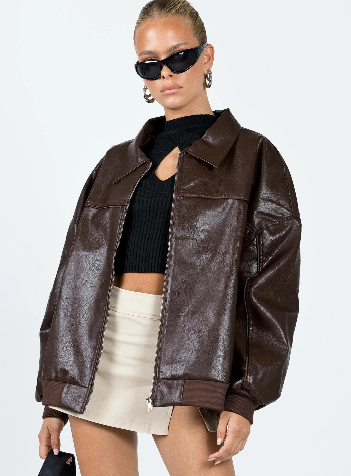 Goldsmith Faux Leather Bomber Jacket Brown Odor control Contrast Stitch