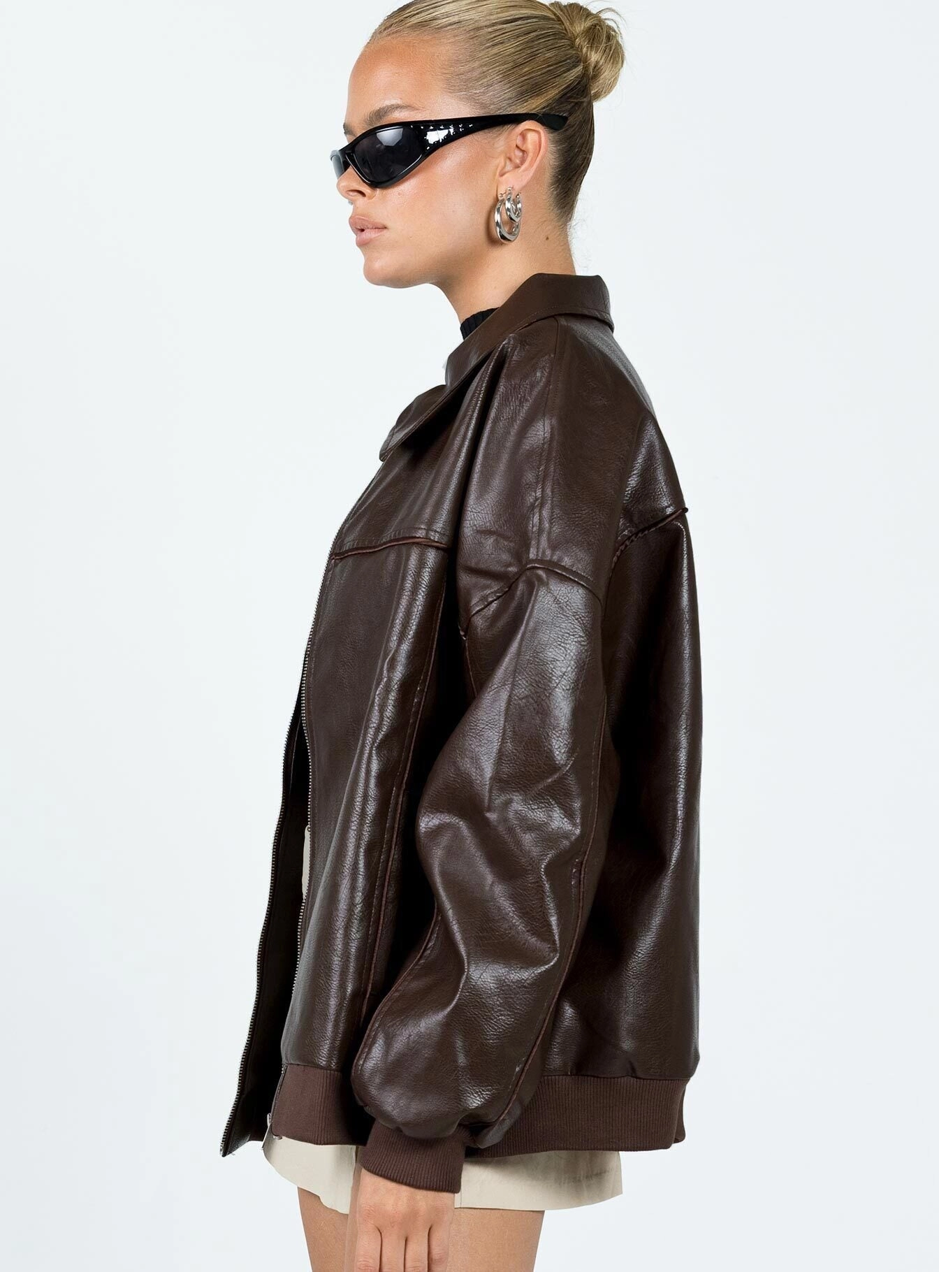 Eco Friendly Dye Goldsmith Faux Leather Bomber Jacket Brown