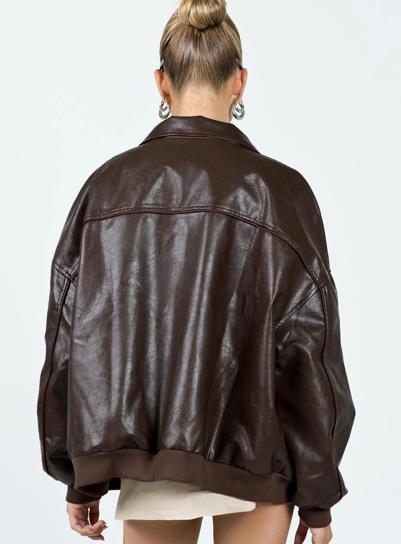 Durable Double Stitching Goldsmith Faux Leather Bomber Jacket Brown