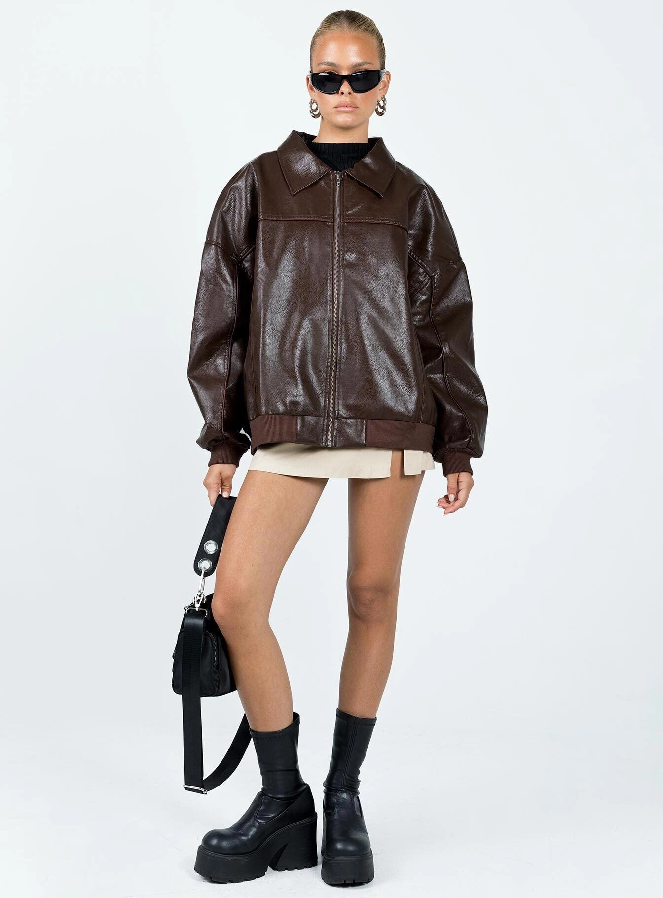 Plaid Design Relaxed Comfort Goldsmith Faux Leather Bomber Jacket Brown
