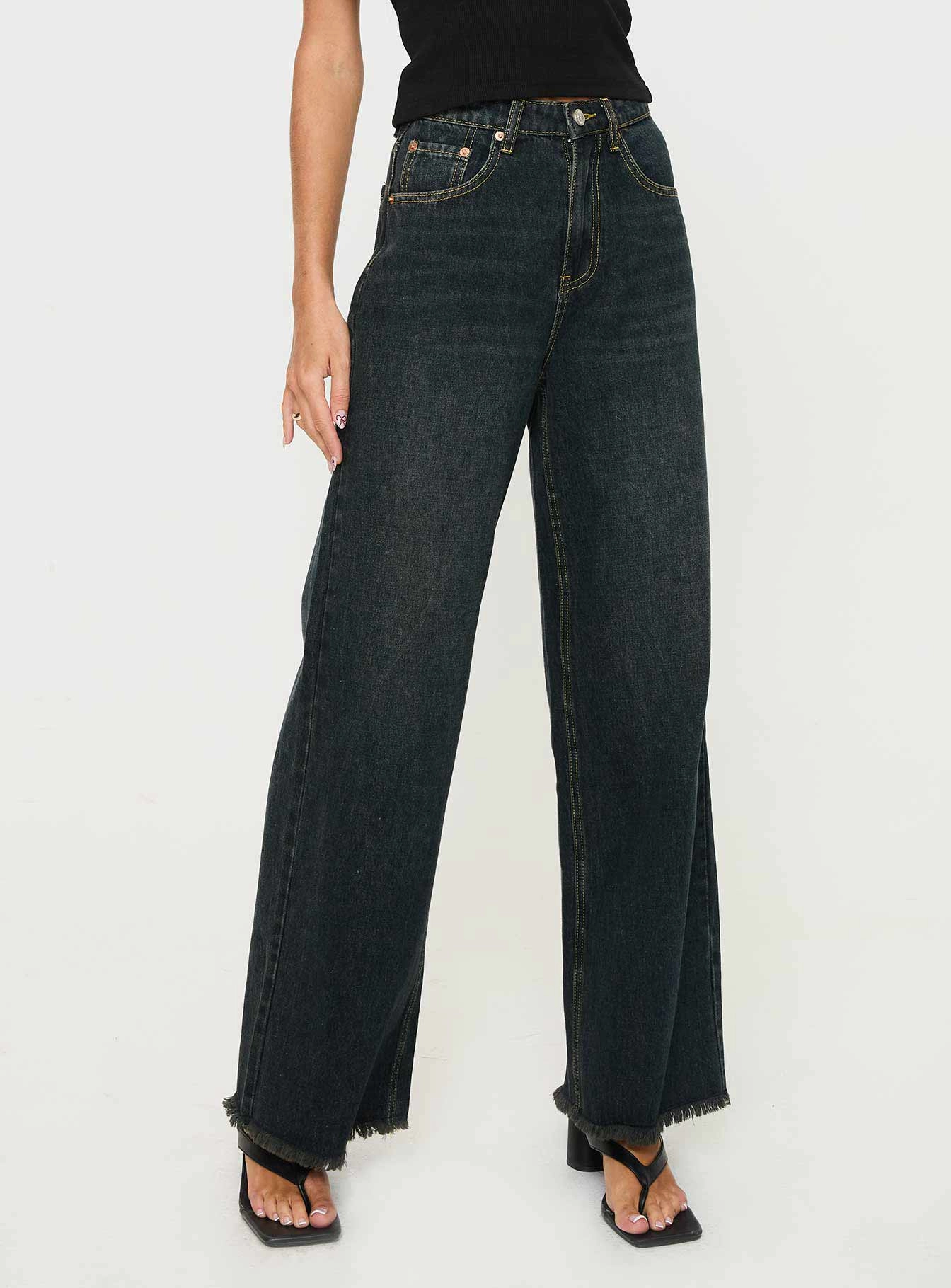 Ultra Basic Morris Mid Rise Wide Leg Denim Jean Grunge Wash
