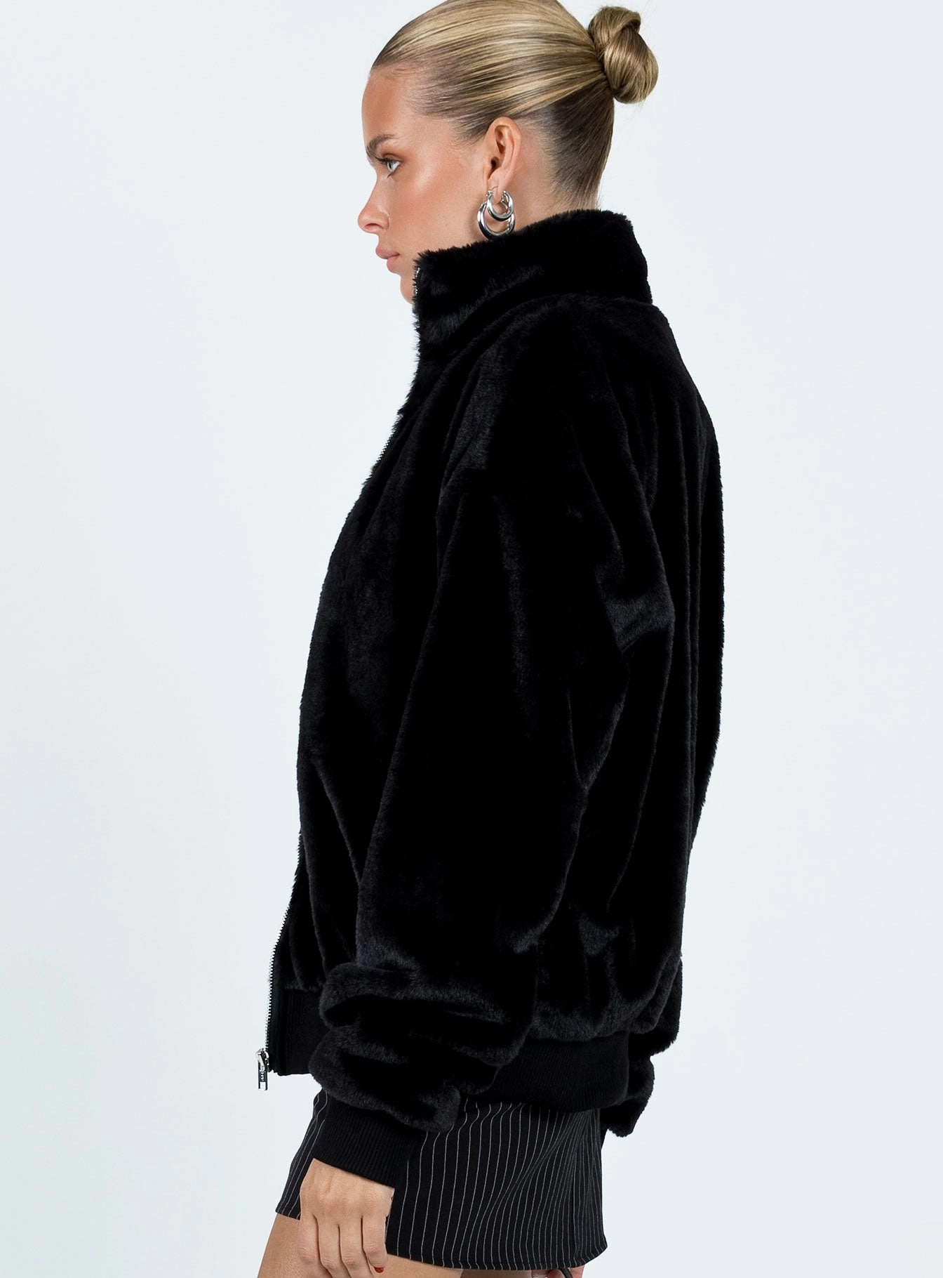 Cloyne Faux Fur Bomber Jacket Black Adjustable Belt