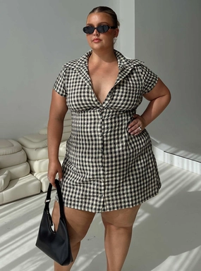 Transitional-Wear Motley Mini Dress Brown Check Curve