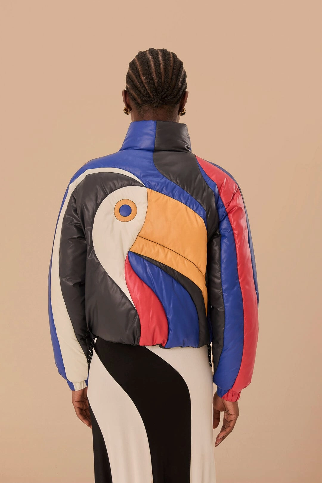 Multicolor Amanda Stripes Toucan Reversible Puffer Jacket Rugged Style Fleece Backing