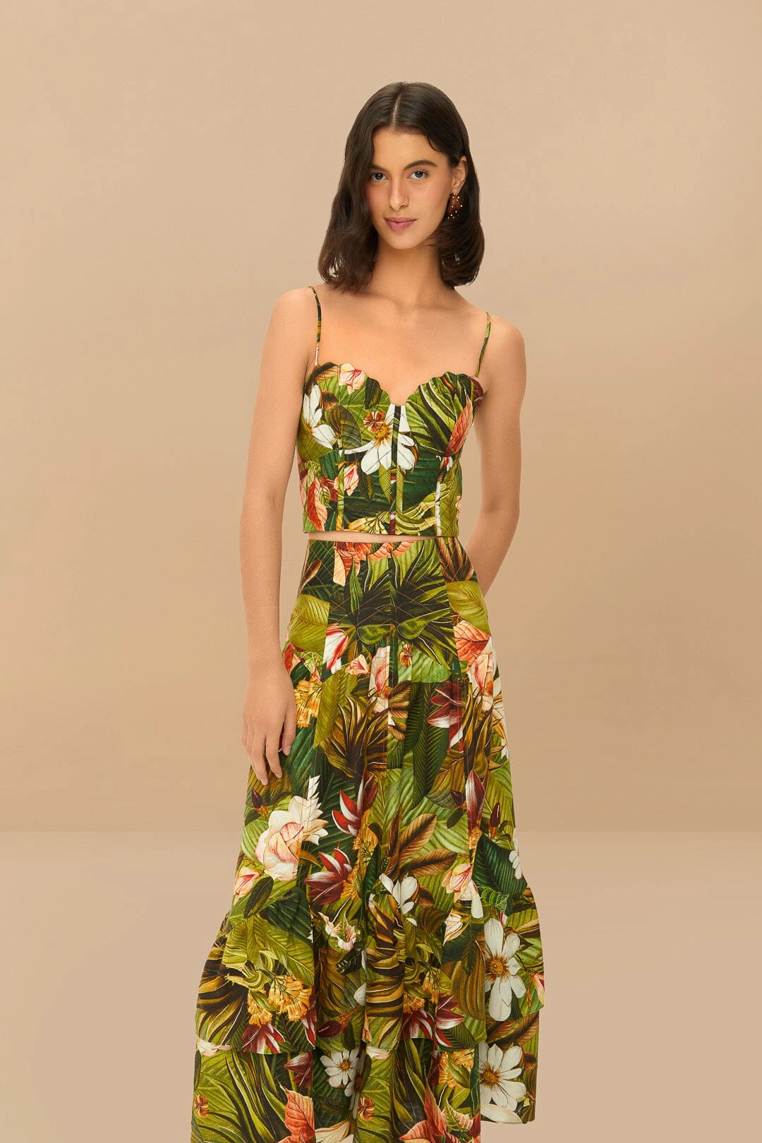 Multicolor Botanical Forest LENZING? ECOVERO? Euroflax? Midi Skirt Elegant Texture Hand Painted