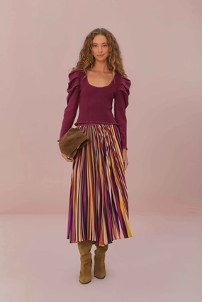 Multicolor Diagonal Stripes Pleated Maxi Skirt Fade Resistant Cloth